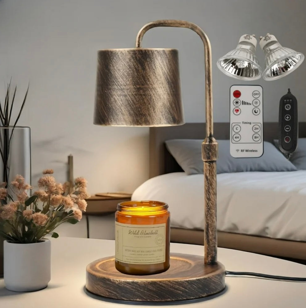 MEHOOM Adjustable Candle Warmer Lamp with Timer & Dimmer – Vintage Metal Design, 2 GU10 Bulbs, Safe Flame-Free Candle Warmer for Bedroom & Living Room Décor