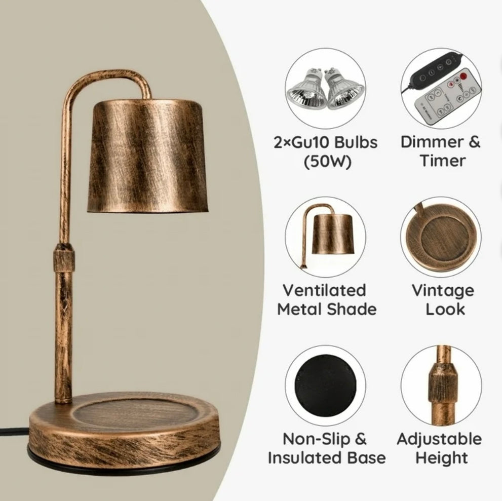 MEHOOM Adjustable Candle Warmer Lamp with Timer & Dimmer – Vintage Metal Design, 2 GU10 Bulbs, Safe Flame-Free Candle Warmer for Bedroom & Living Room Décor