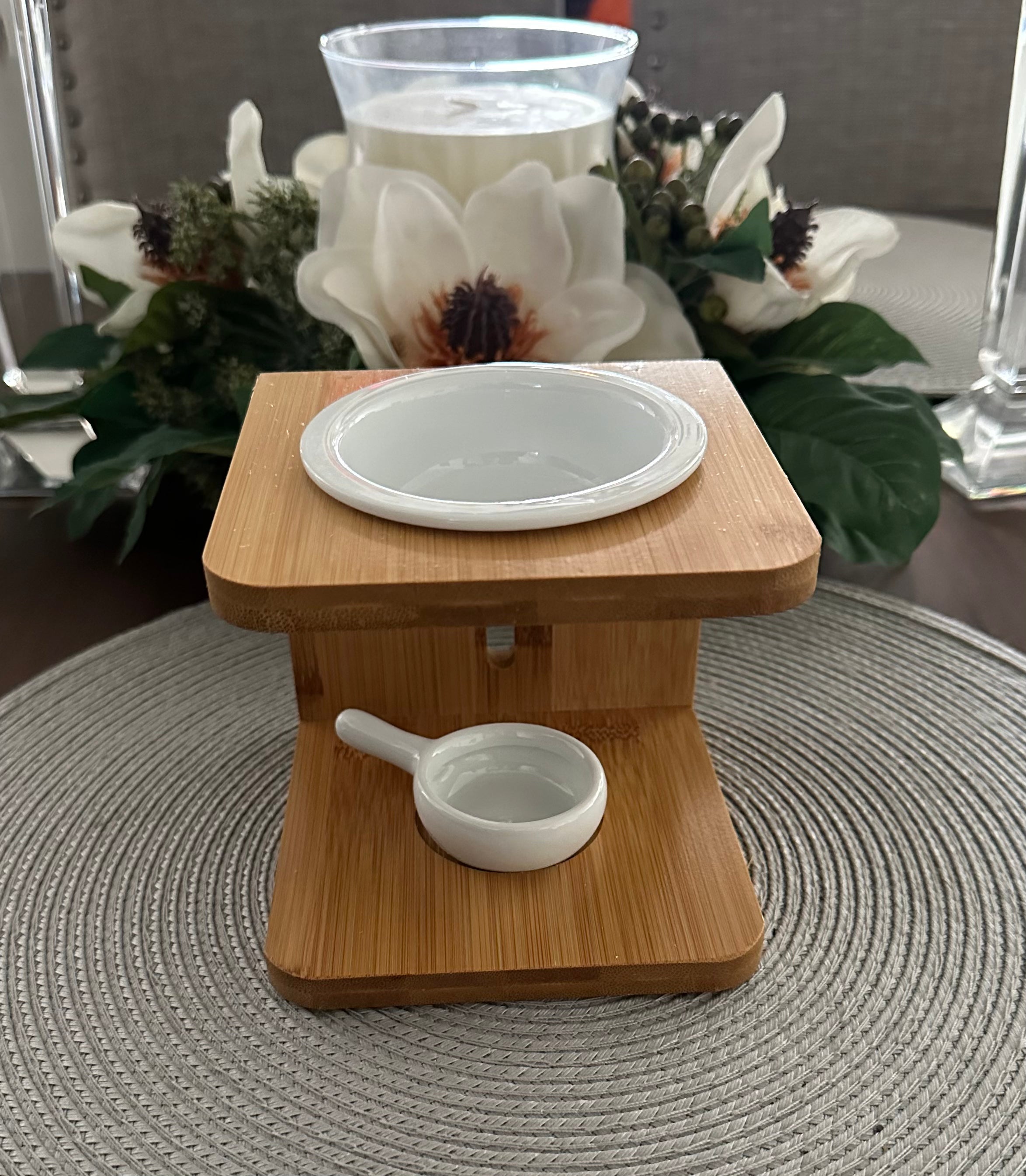 3-Piece Wood & Ceramic Oil Burner – Wax Melt, Essential Oil & Potpourri Warmer with Optional Tea Light Holder