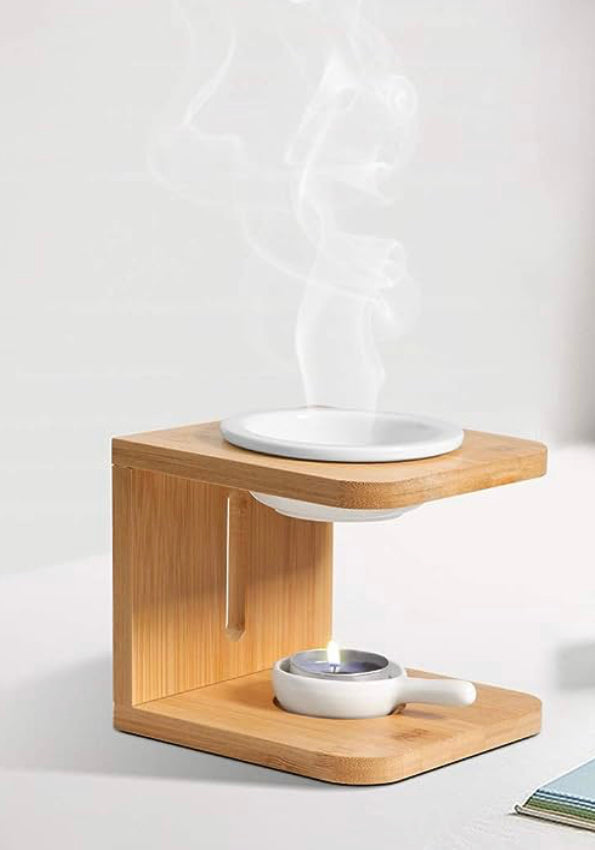 3-Piece Wood & Ceramic Oil Burner – Wax Melt, Essential Oil & Potpourri Warmer with Optional Tea Light Holder