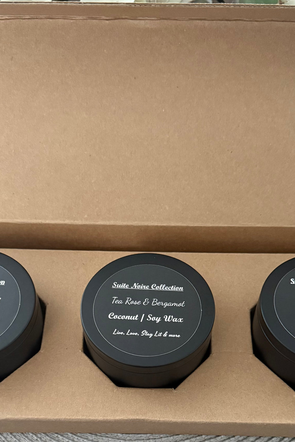 Suite Noire Collection – Luxury Candle Trio with Tea Rose & Bergamot, Terra & Timber, and White Lotus & Coconut