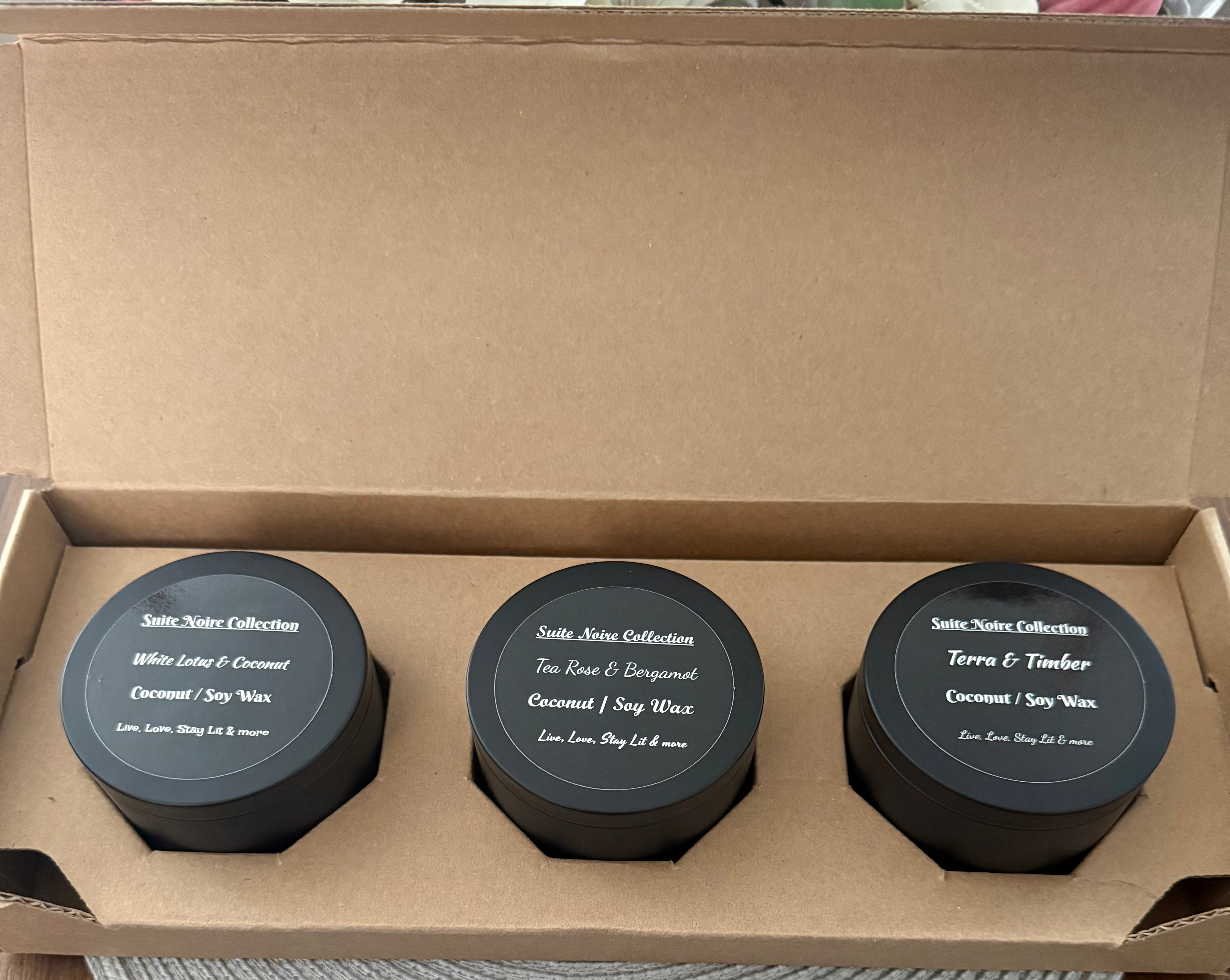 Suite Noire Collection – Luxury Candle Trio with Tea Rose & Bergamot, Terra & Timber, and White Lotus & Coconut