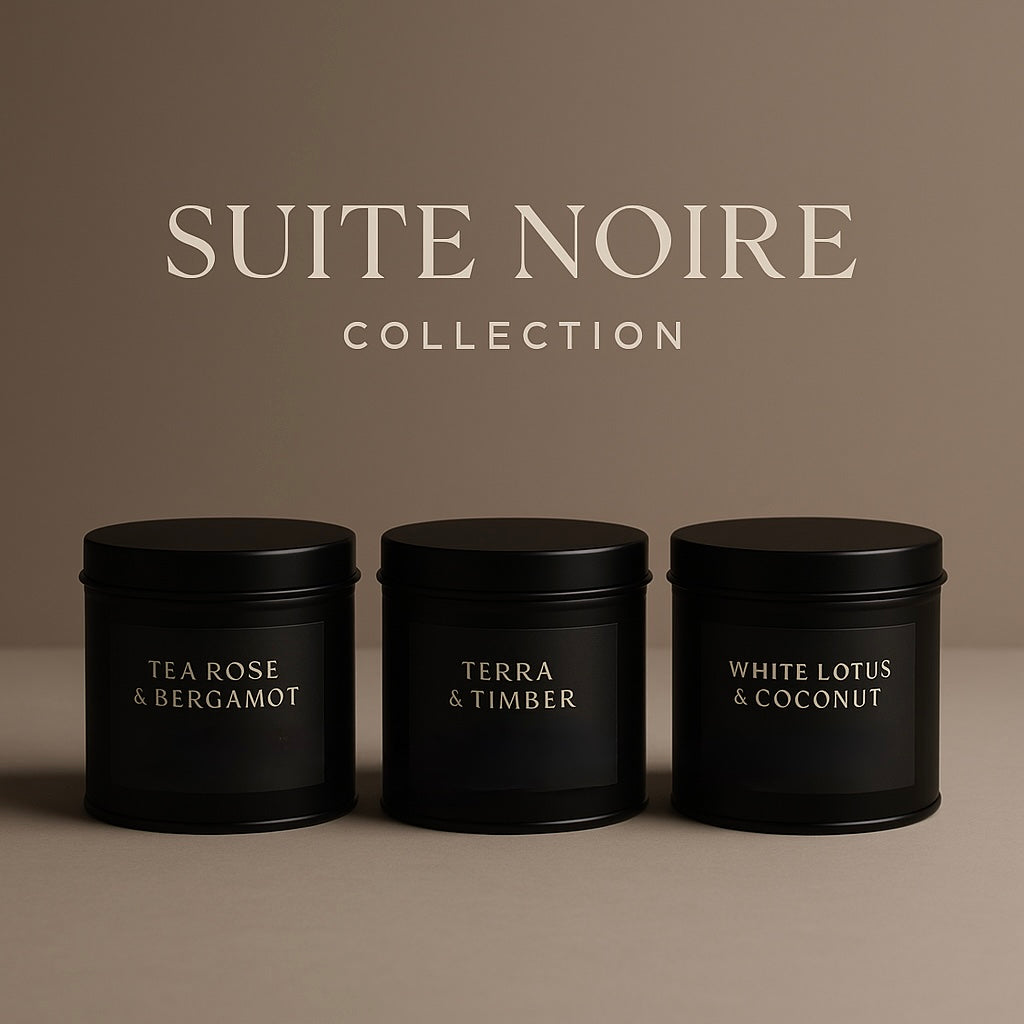 Suite Noire Collection – Luxury Candle Trio with Tea Rose & Bergamot, Terra & Timber, and White Lotus & Coconut