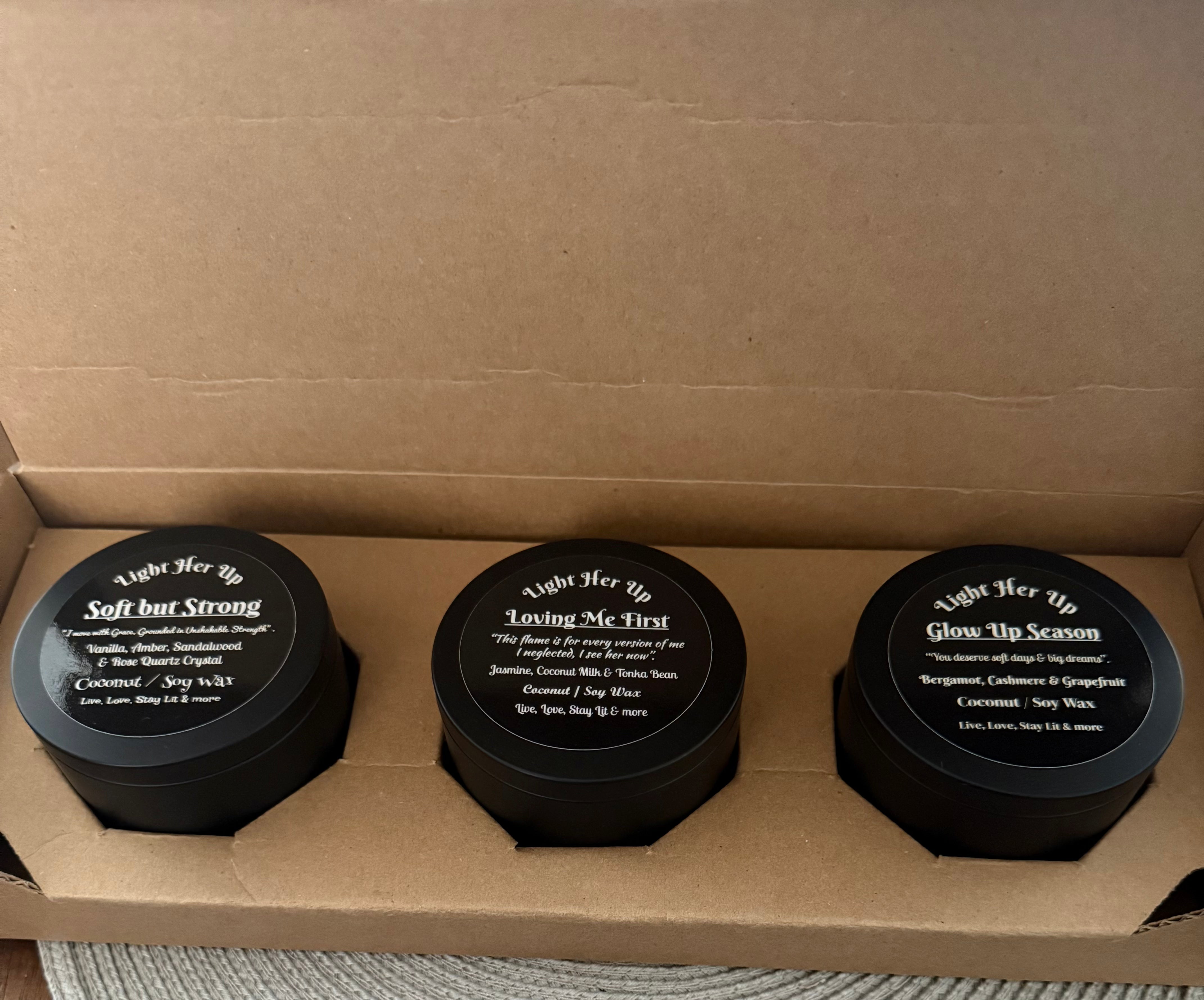 Light Her Up Signature Candle Gift Set – Luxury Black Tin Trio with “Soft But Strong,” “Loving Me First,” & “Glow Up Season” Self-Love Candles