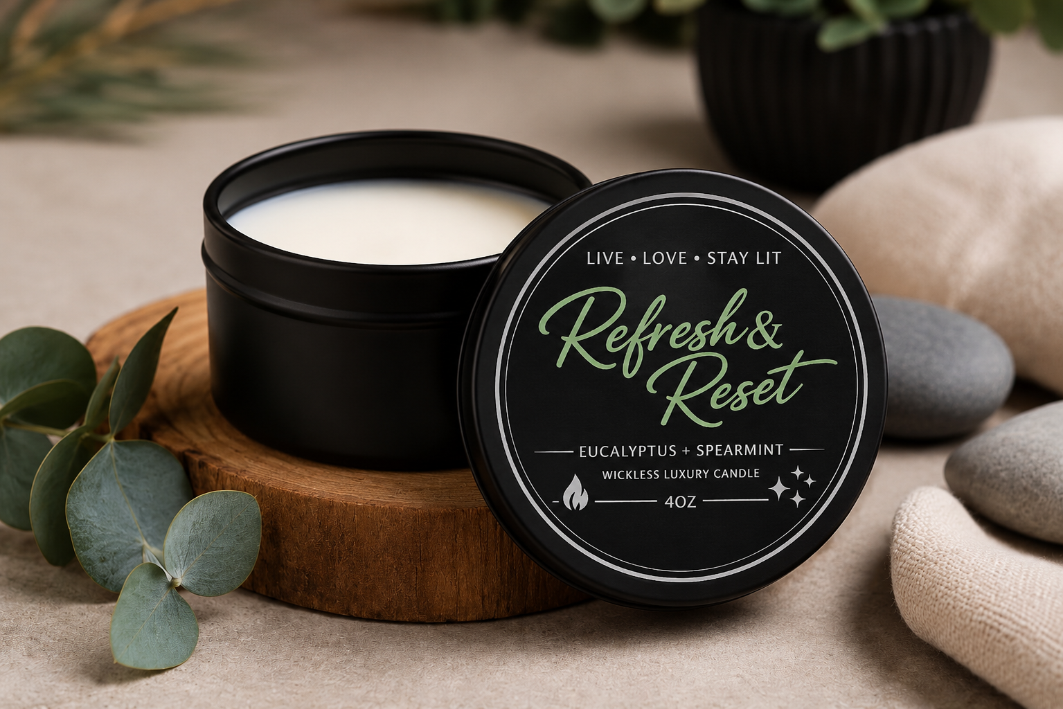 Refresh & Reset – Eucalyptus + Spearmint Soy Candle | Luxury Spa Candle | 4oz Black Tin