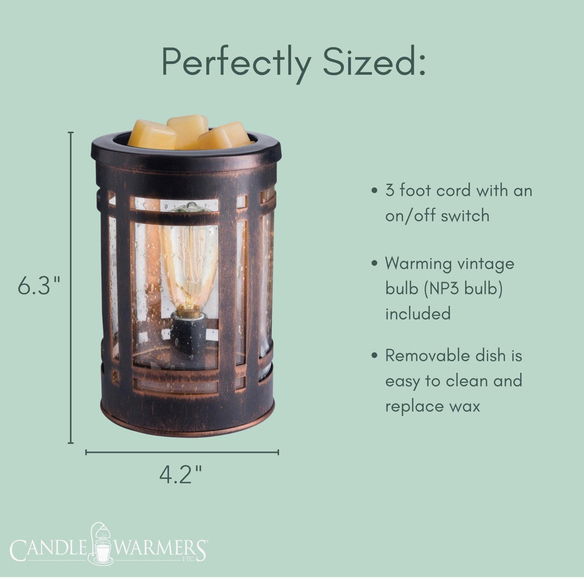 Brown Vintage Bulb Illuminating Wax Warmer – Industrial Mission-Style Electric Wax Melt Warmer with Bubble Glass & NP3 Bulb