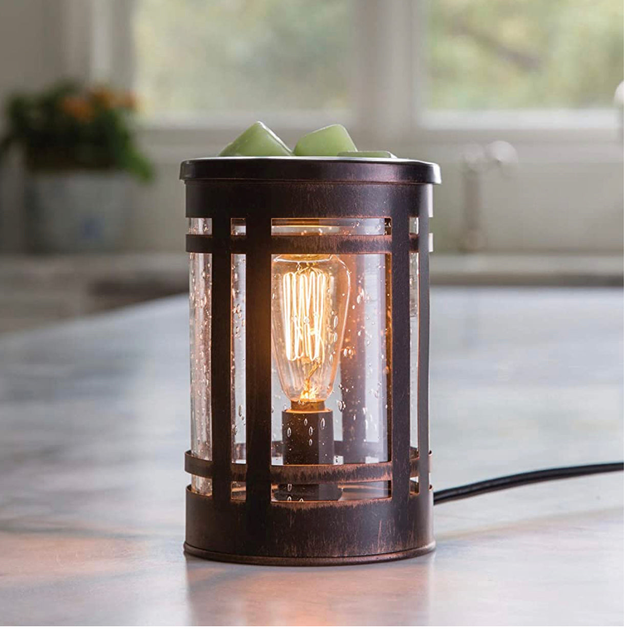 Brown Vintage Bulb Illuminating Wax Warmer – Industrial Mission-Style Electric Wax Melt Warmer with Bubble Glass & NP3 Bulb
