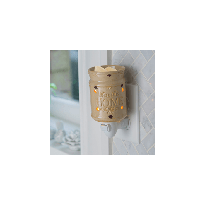 Vanilla Cream “Bless This Home” Pluggable Wax Warmer – French Country Style Plug-In Fragrance Warmer with Soft Glow Light & Rotating Base
