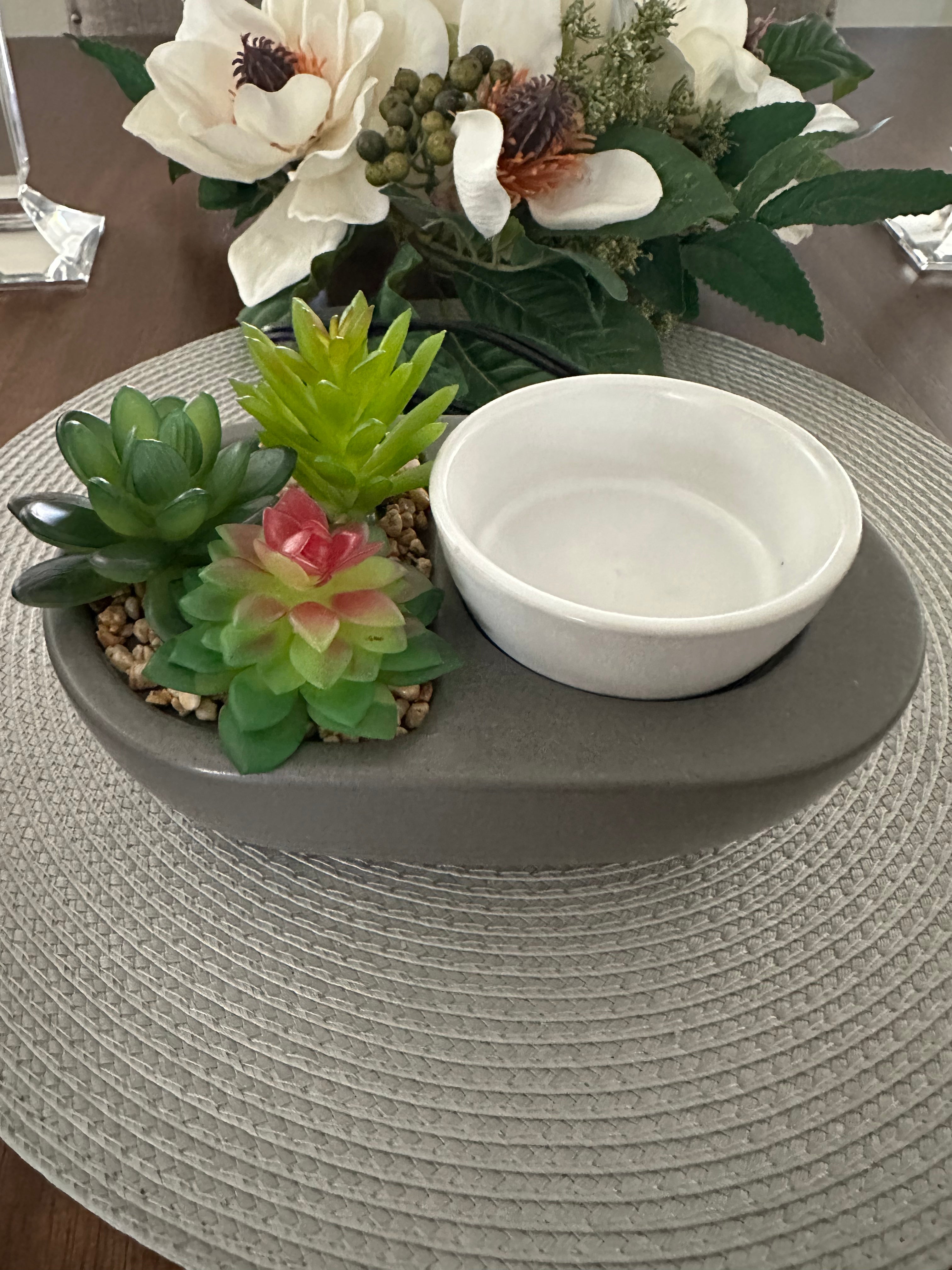 Succulent Garden Wax Melt Warmer – Satin Gray Stoneware Base with White Dish & Pebble Planter