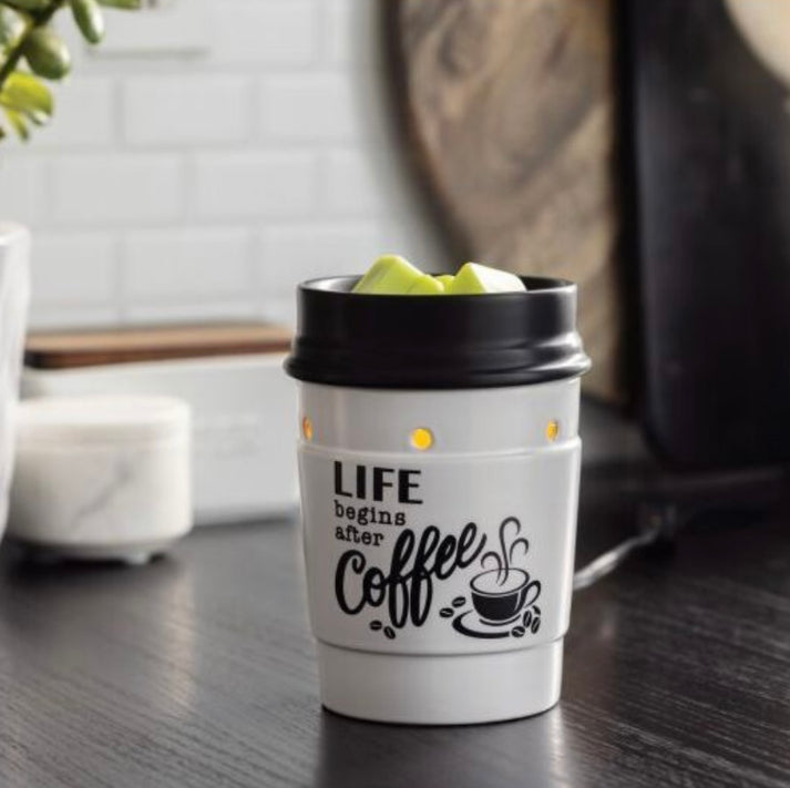 Coffee House Illumination Fragrance Warmer – Ceramic To-Go Cup Wax Melt Warmer with Bulb, Coffee Lover Home Décor