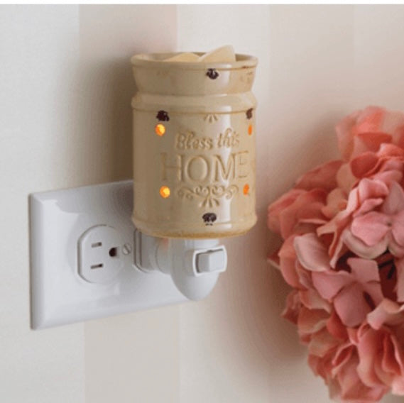 Vanilla Cream “Bless This Home” Pluggable Wax Warmer – French Country Style Plug-In Fragrance Warmer with Soft Glow Light & Rotating Base