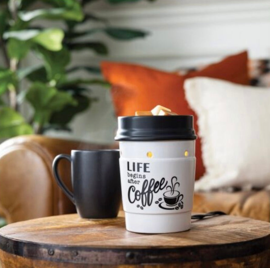 Coffee House Illumination Fragrance Warmer – Ceramic To-Go Cup Wax Melt Warmer with Bulb, Coffee Lover Home Décor
