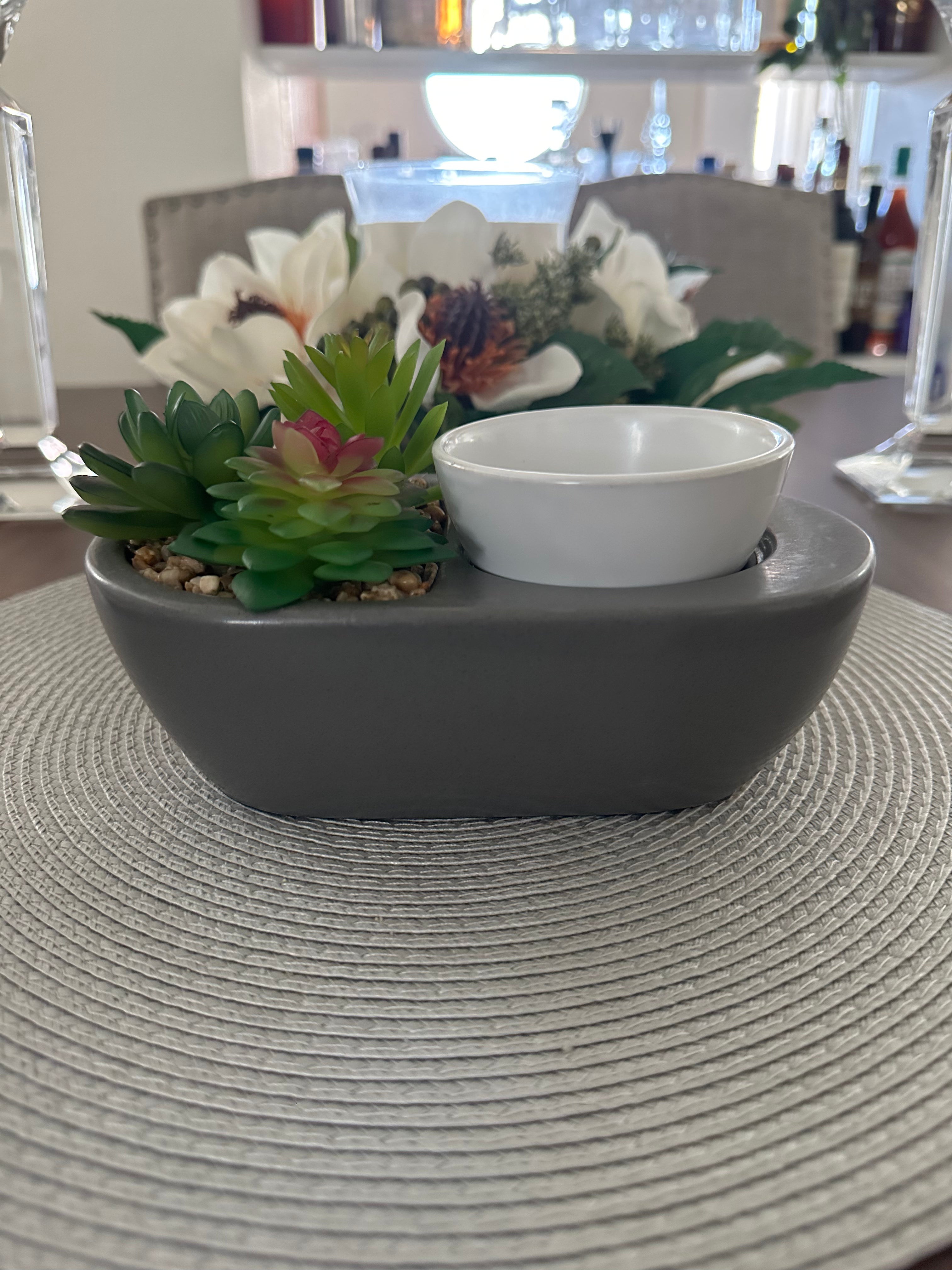 Succulent Garden Wax Melt Warmer – Satin Gray Stoneware Base with White Dish & Pebble Planter